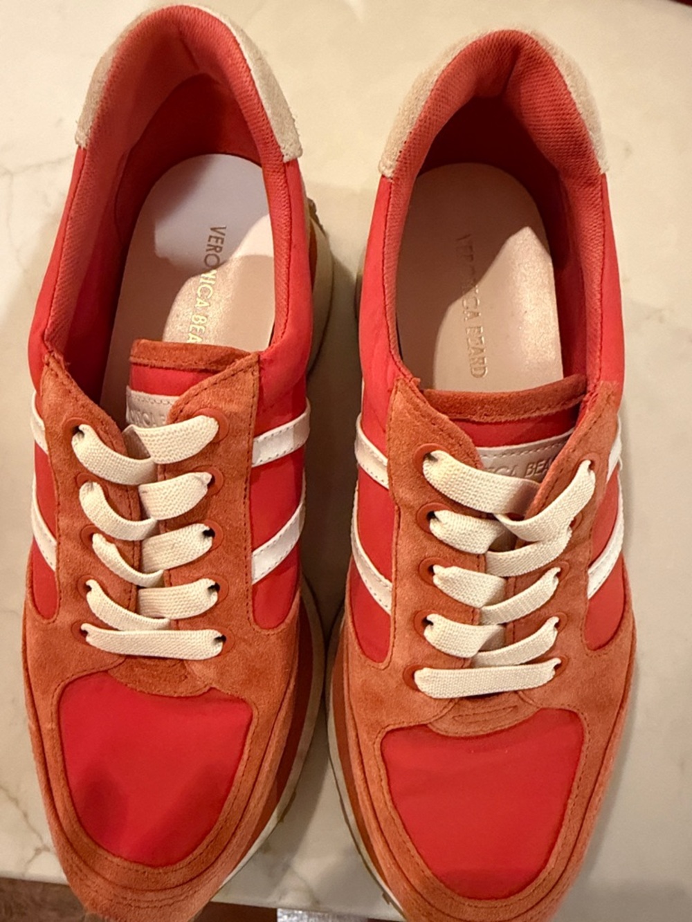 Veronica Beard Coral & Orange Suede-Trim Sneakers great condition. Not best pics